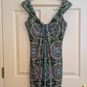 Signature London Style Sleeveless Medallion Dress Blue Green M Knee Length